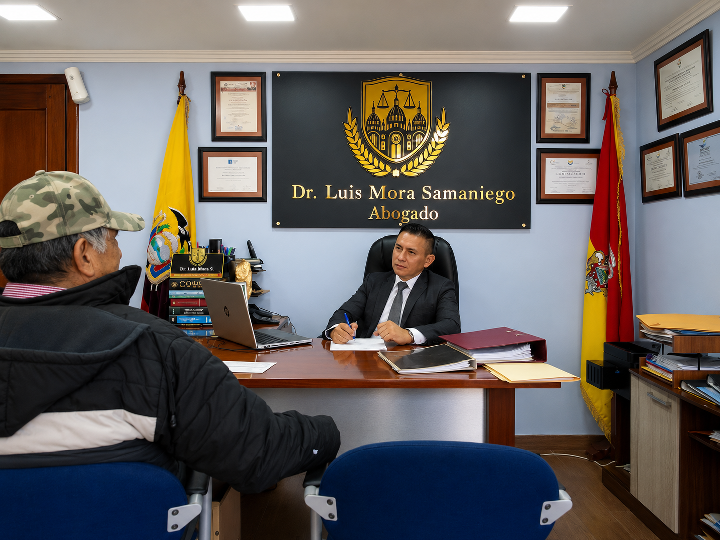 Dr. Luis Mora Samaniego atendiendo a un cliente en su despacho